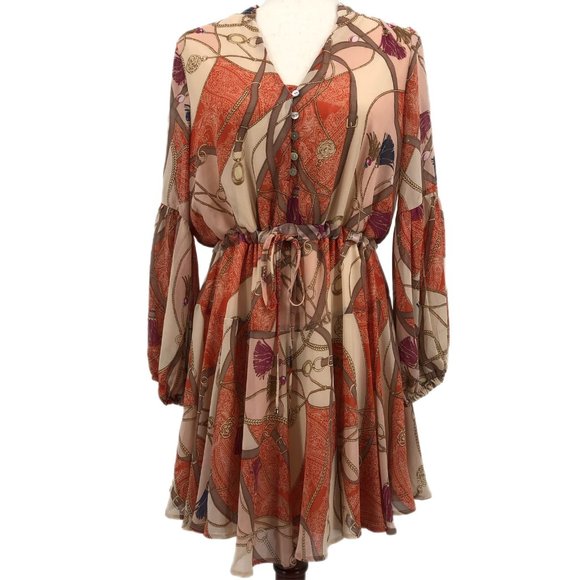entro Dresses & Skirts - Entro Orange & Cream Floral A-Line Dress | V-Neck and Bell Sleeves